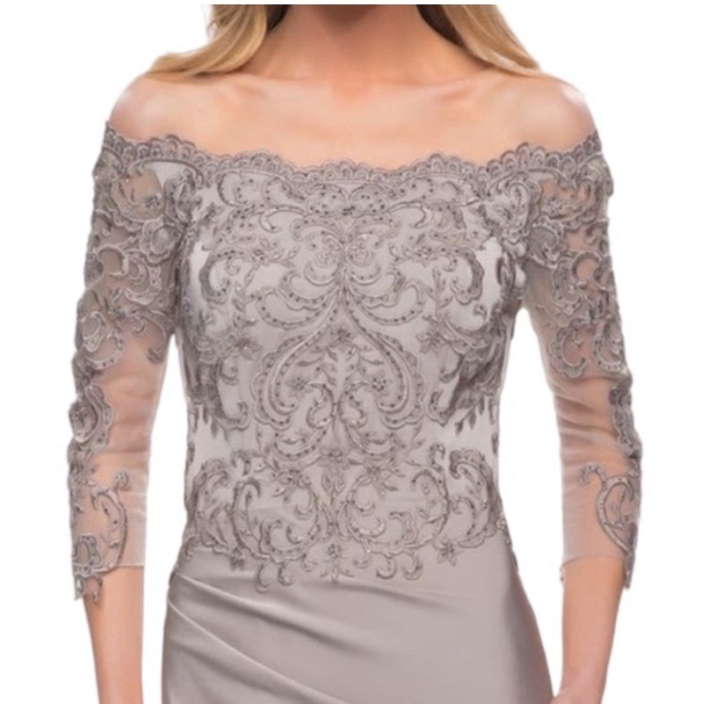 New! La Femme 29324 Satin Mermaid Gown with Off the Shoulder Lace Size 18 $498 - Picture 3 of 12
